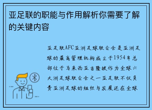 亚足联的职能与作用解析你需要了解的关键内容